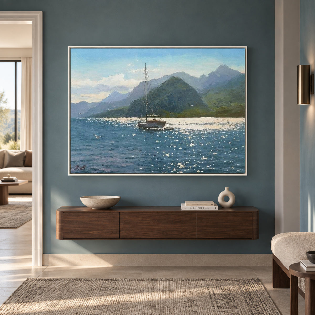 Mountain Lake Sailboat Canvas Wall Art for Living Room Home Decor