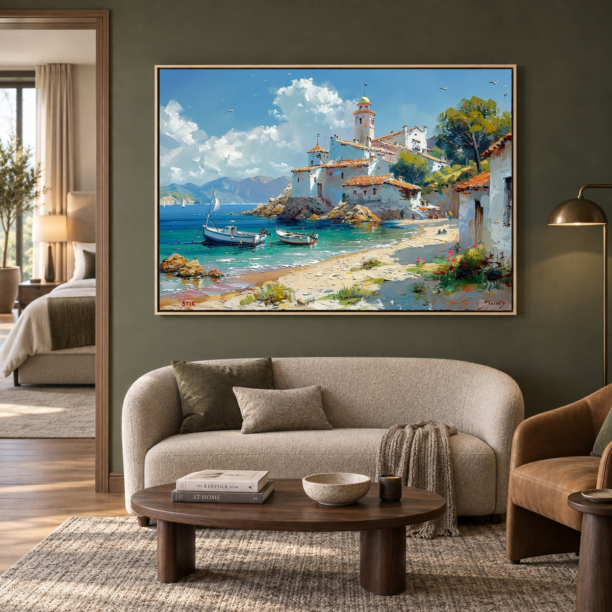 Mediterranean Coastal Village Canvas Wall Art for Living Room Decor