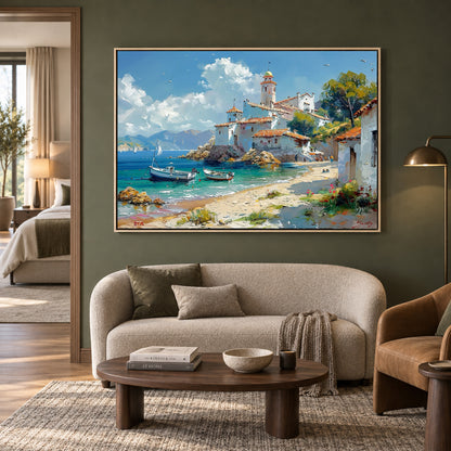 Mediterranean Coastal Village Canvas Wall Art for Living Room Decor