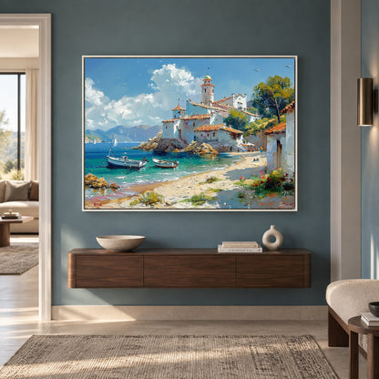 Mediterranean Coastal Village Canvas Wall Art for Living Room Decor