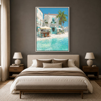 Mediterranean Beach Café Canvas Wall Art Coastal Resort Painting