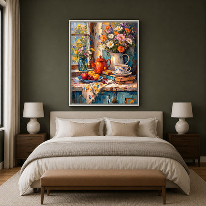 Rustic Floral Tea Time Canvas Wall Art Vintage Kitchen Painting