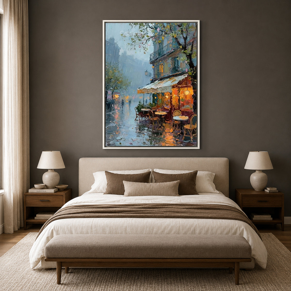 Rainy Paris Café Canvas Wall Art Romantic European Street Painting