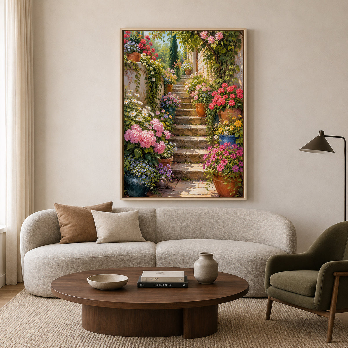 Flower Garden Stairway Canvas Wall Art Blooming Pathway Painting