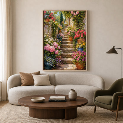 Flower Garden Stairway Canvas Wall Art Blooming Pathway Painting