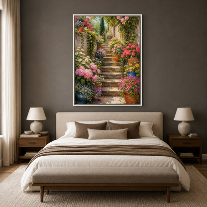 Flower Garden Stairway Canvas Wall Art Blooming Pathway Painting