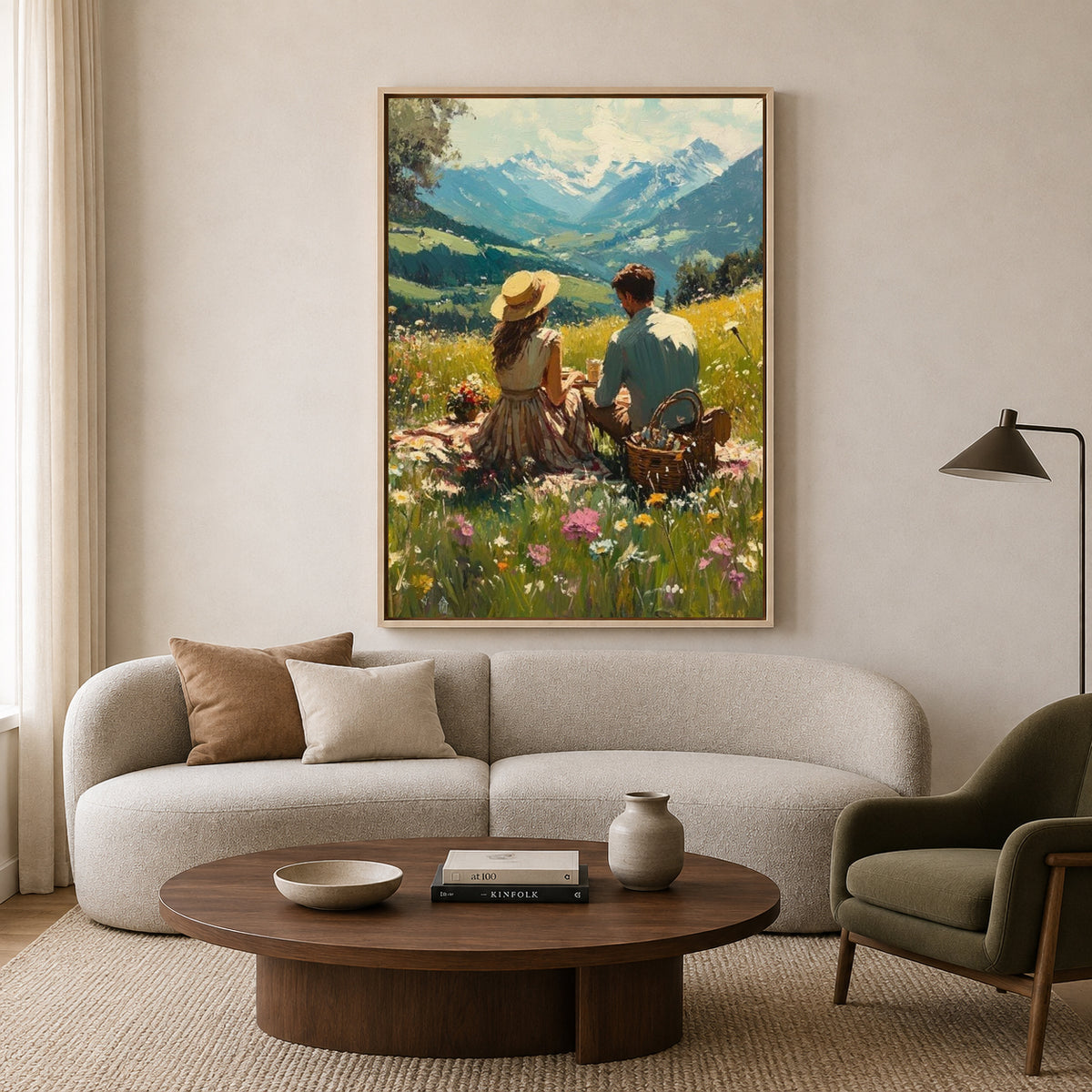 Romantic Mountain Picnic Canvas Wall Art Couple Landscape Painting Decor