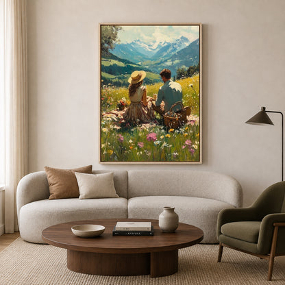 Romantic Mountain Picnic Canvas Wall Art Couple Landscape Painting Decor