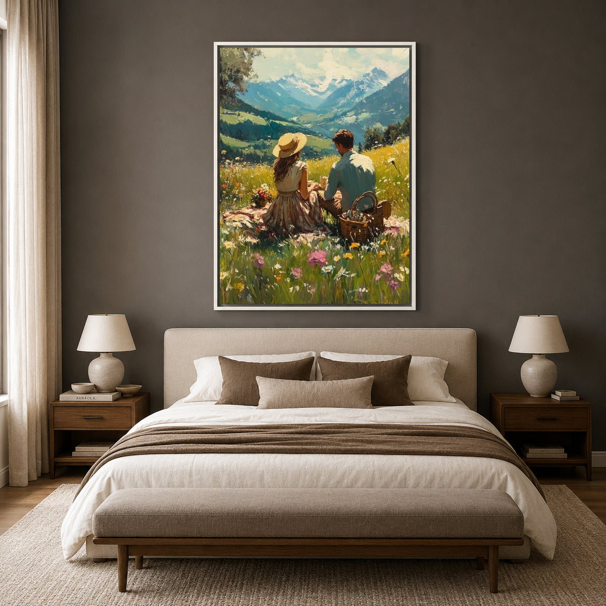 Romantic Mountain Picnic Canvas Wall Art Couple Landscape Painting Decor