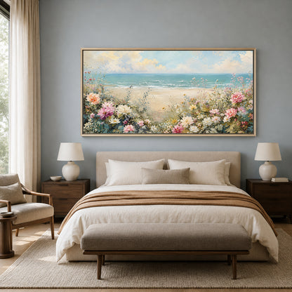Coastal Beach Floral Canvas Wall Art Painting for Living Room