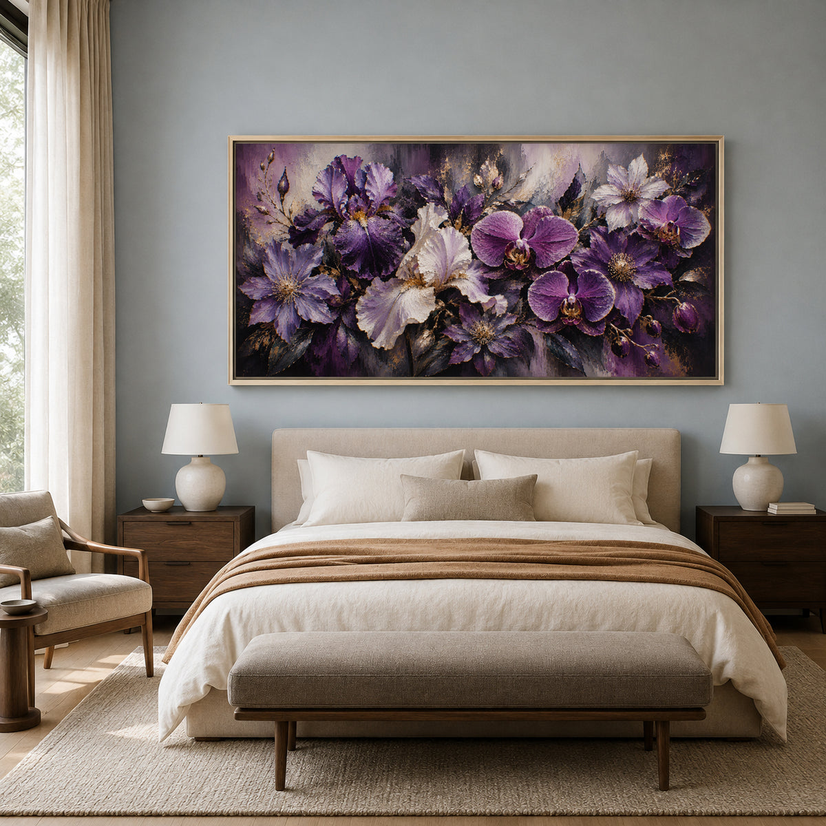 Purple Orchid and Iris Floral Canvas Art with Gold Accents
