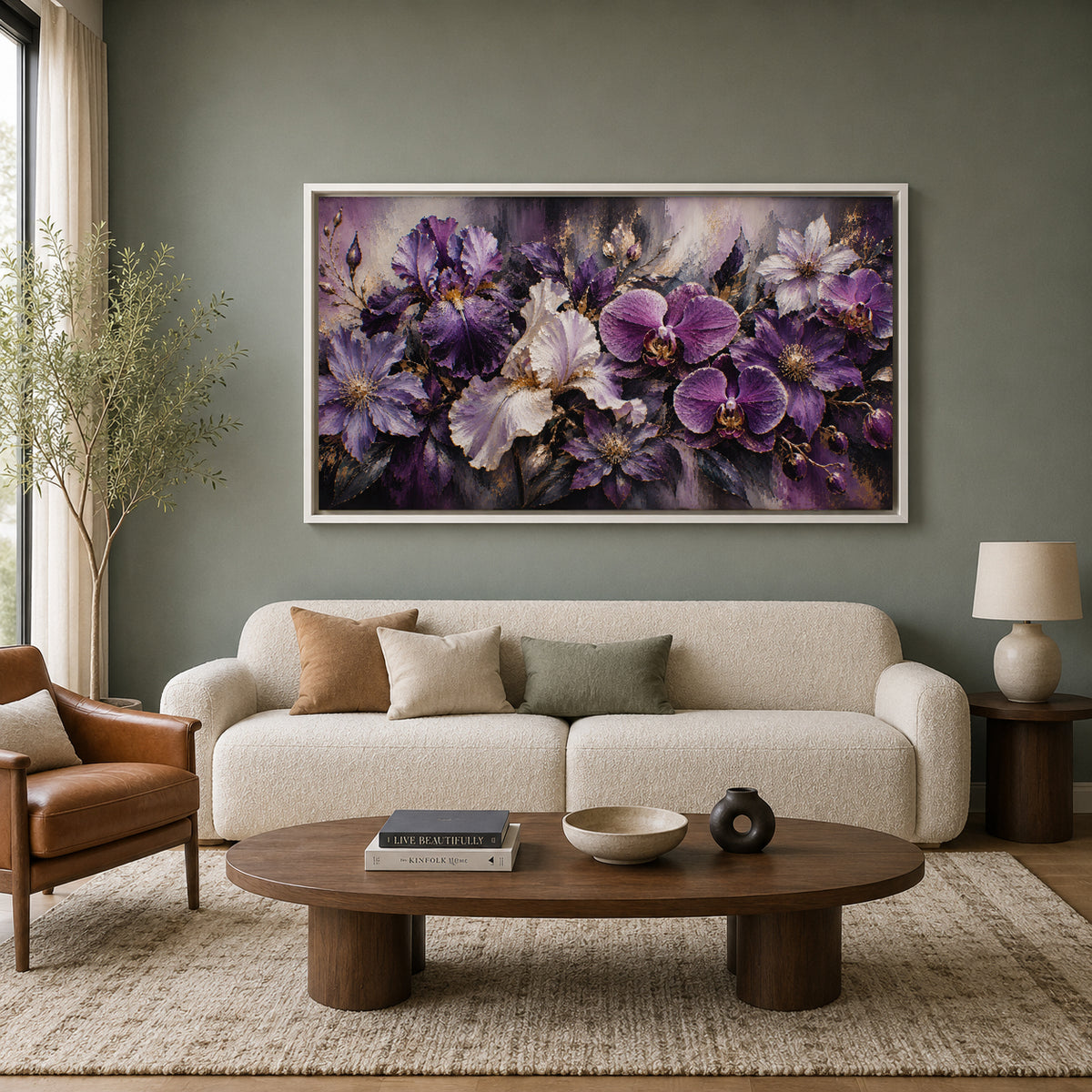 Purple Orchid and Iris Floral Canvas Art with Gold Accents