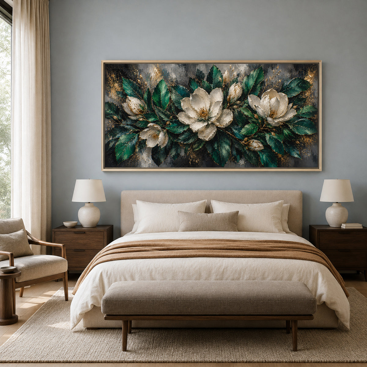 White Magnolia Floral Canvas Wall Art Painting with Green and Gold Accents