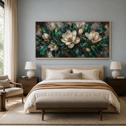 White Magnolia Floral Canvas Wall Art Painting with Green and Gold Accents