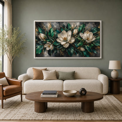 White Magnolia Floral Canvas Wall Art Painting with Green and Gold Accents