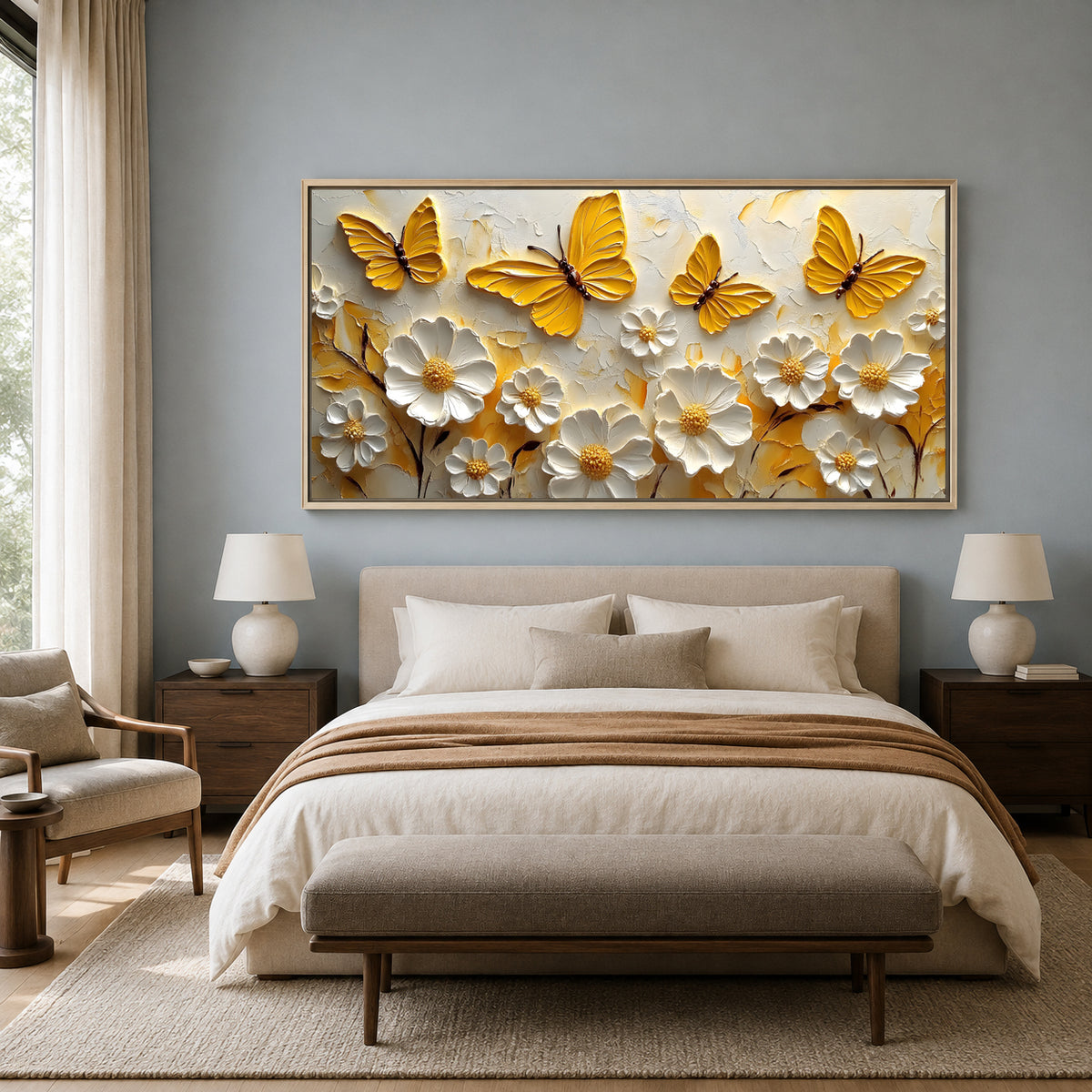 Luxury Golden Butterfly & Floral Abstract Wall Art Canvas Decor