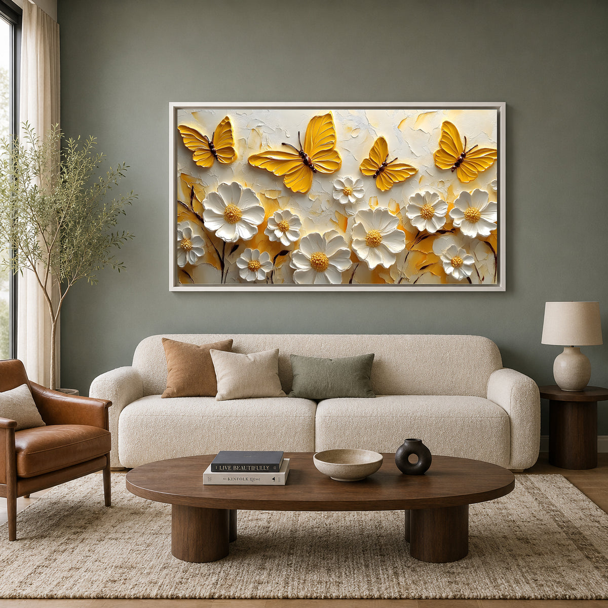Luxury Golden Butterfly & Floral Abstract Wall Art Canvas Decor