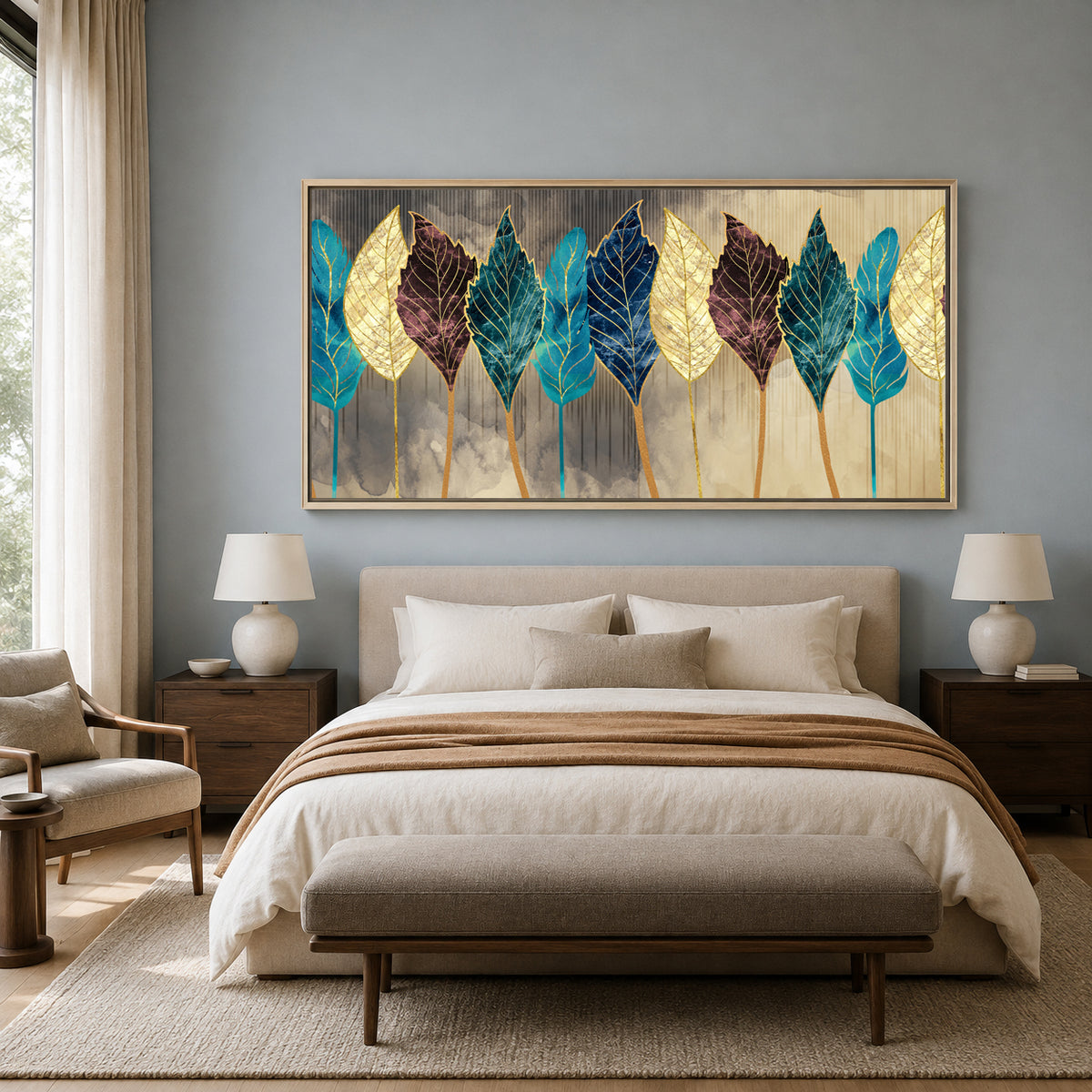 Luxury Gold & Blue Leaf Abstract Wall Art for Modern Interiors