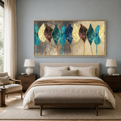 Luxury Gold & Blue Leaf Abstract Wall Art for Modern Interiors