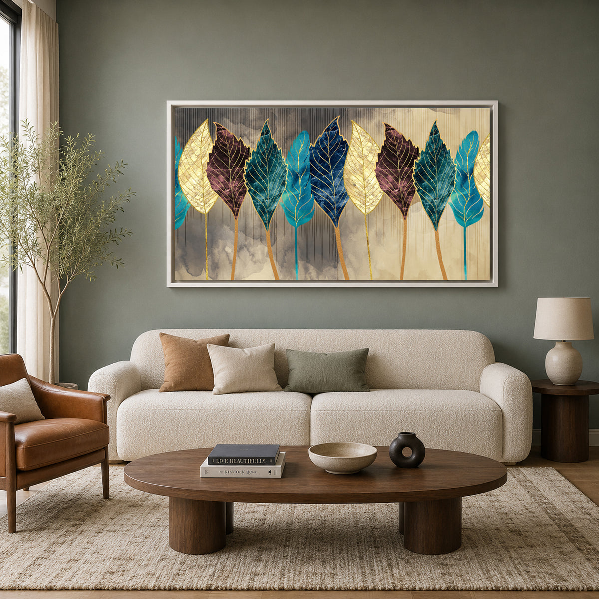 Luxury Gold & Blue Leaf Abstract Wall Art for Modern Interiors