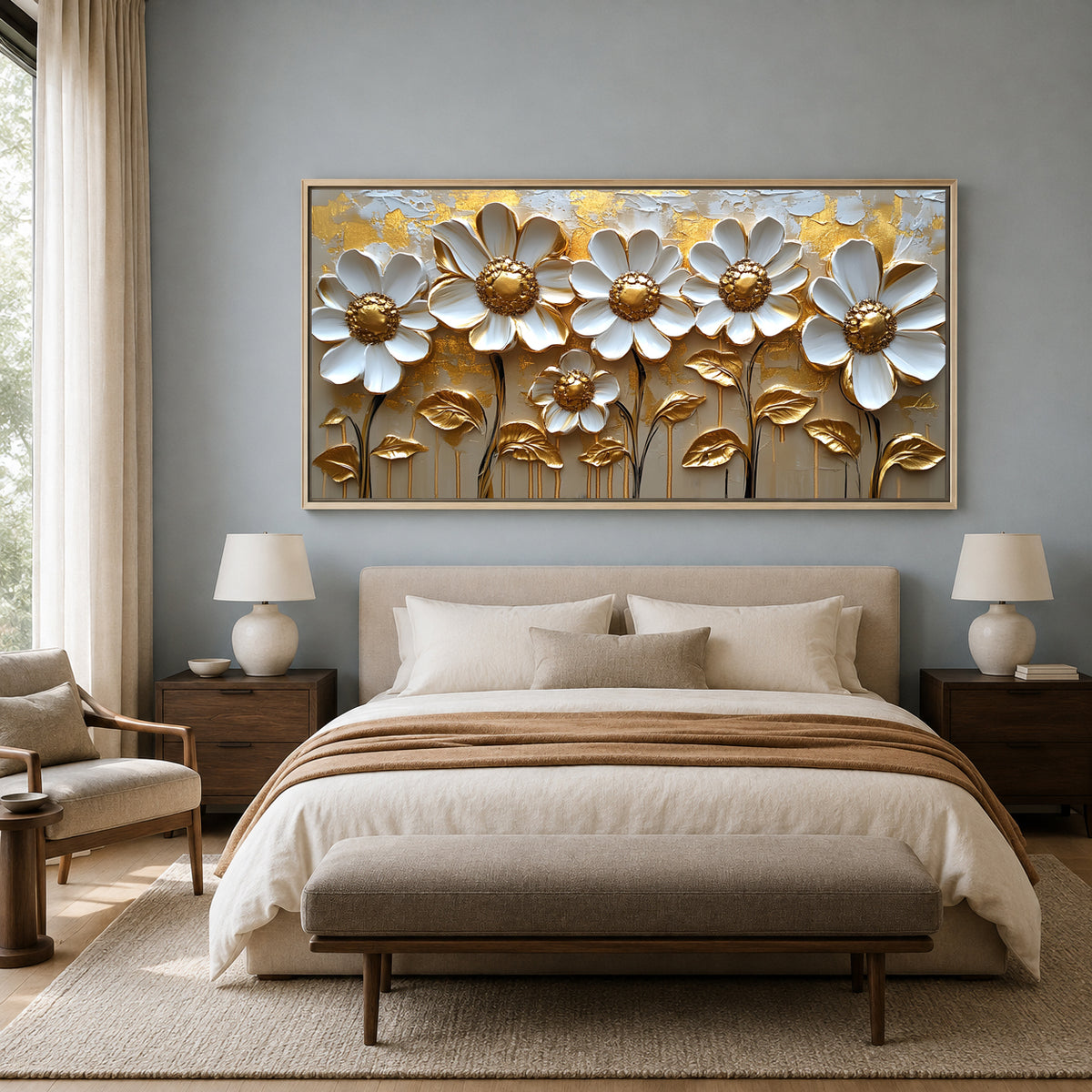 Luxury White & Gold Floral Wall Art Canvas for Elegant Interiors