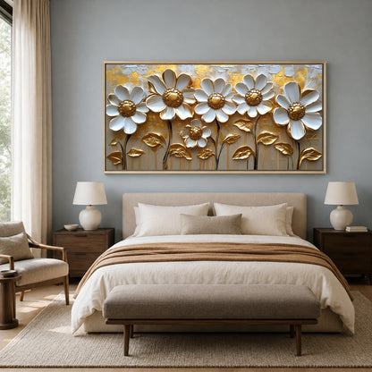 Luxury White & Gold Floral Wall Art Canvas for Elegant Interiors