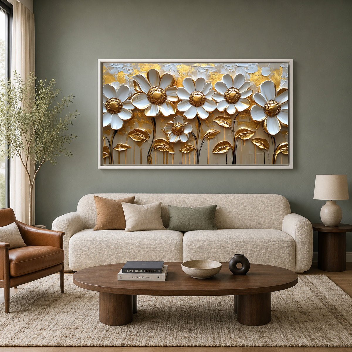 Luxury White & Gold Floral Wall Art Canvas for Elegant Interiors