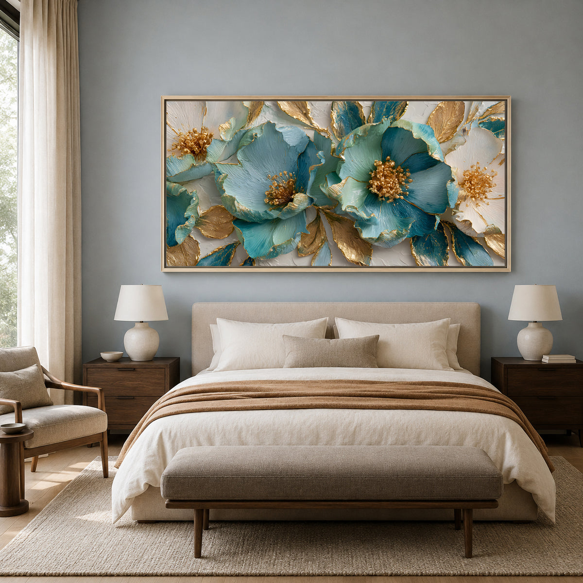 Luxury Teal & Gold Floral Wall Art Canvas for Elegant Interiors
