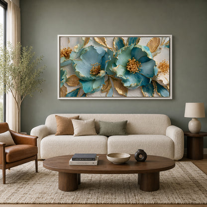 Luxury Teal & Gold Floral Wall Art Canvas for Elegant Interiors