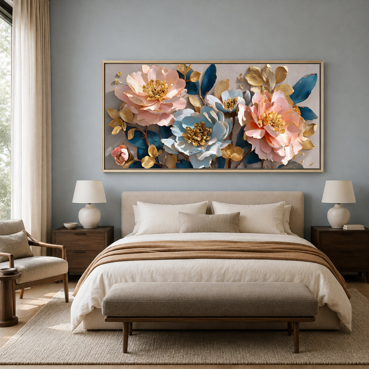 Luxury Blue & Blush Floral Wall Art Canvas for Modern Interiors