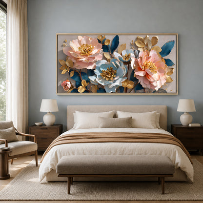 Luxury Blue & Blush Floral Wall Art Canvas for Modern Interiors
