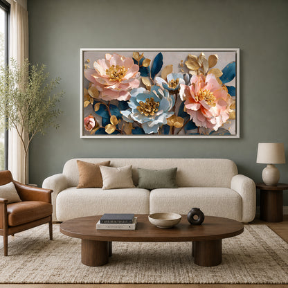 Luxury Blue & Blush Floral Wall Art Canvas for Modern Interiors