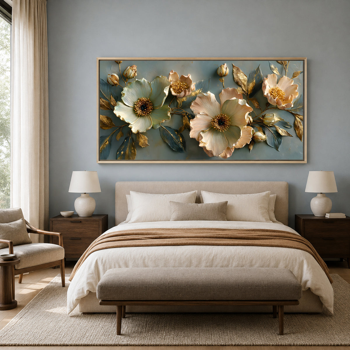 Luxury Blue & Ivory Floral Wall Art Canvas with Gold Accents