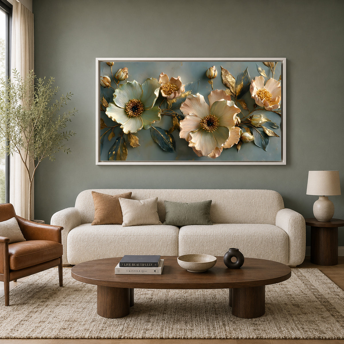Luxury Blue & Ivory Floral Wall Art Canvas with Gold Accents