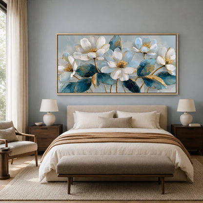 Luxury White Floral Wall Art Canvas with Blue & Gold Accents