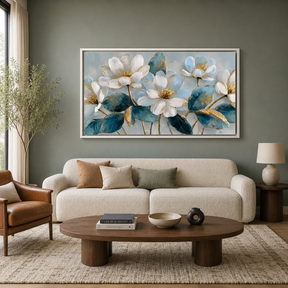 Luxury White Floral Wall Art Canvas with Blue & Gold Accents