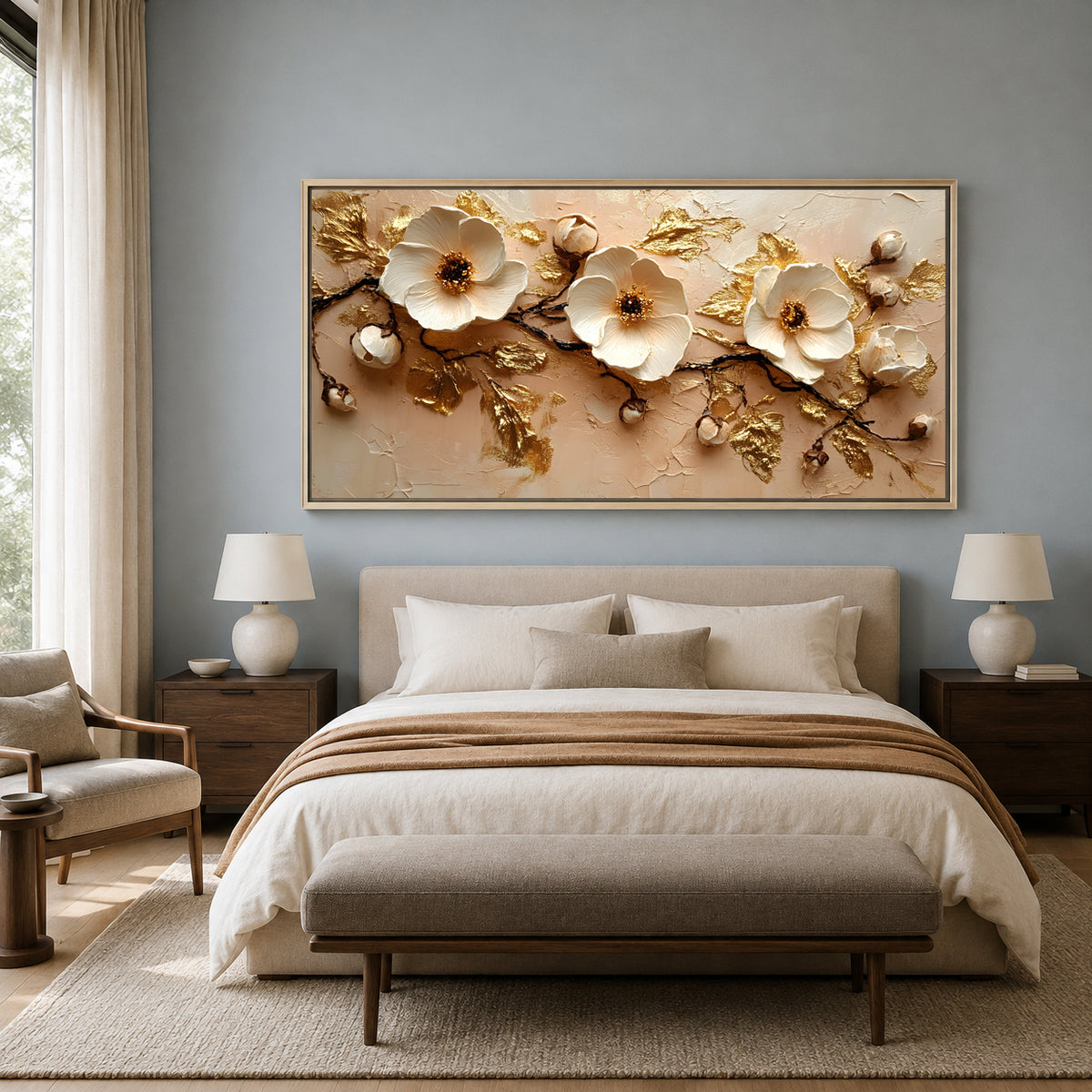 Luxury White & Gold Floral Canvas Wall Art for Elegant Spaces