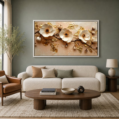Luxury White & Gold Floral Canvas Wall Art for Elegant Spaces
