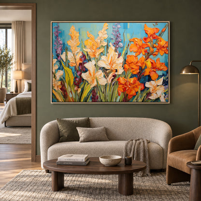 Vibrant Floral Garden Canvas Wall Art in Gold Framed Elegance