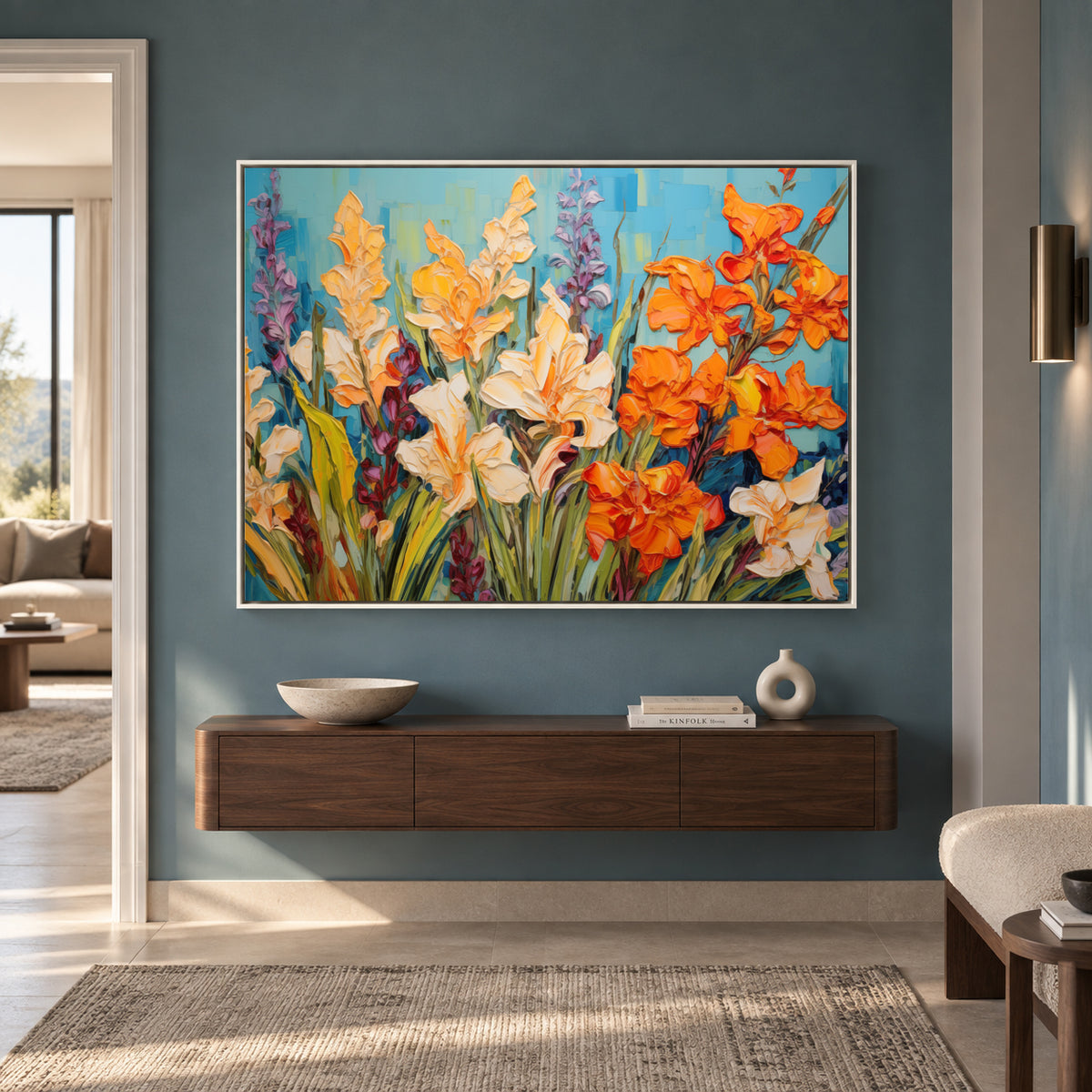 Vibrant Floral Garden Canvas Wall Art in Gold Framed Elegance