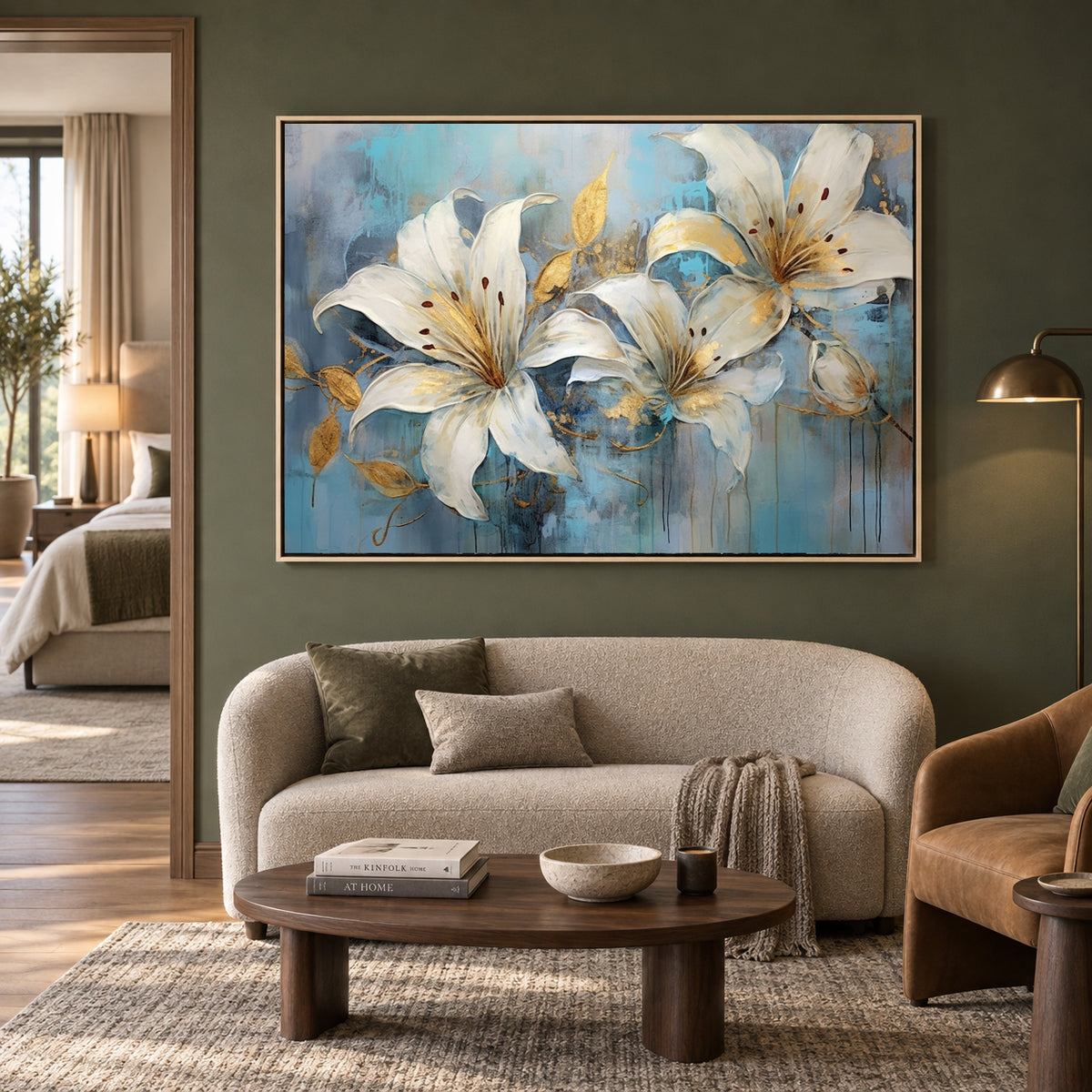 Elegant White Lily Canvas Wall Art with Blue & Gold Accents Decor