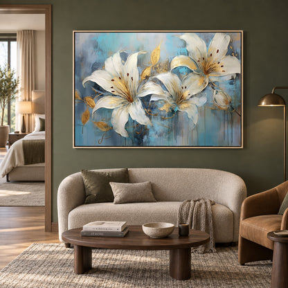 Elegant White Lily Canvas Wall Art with Blue & Gold Accents Decor