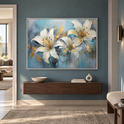 Elegant White Lily Canvas Wall Art with Blue & Gold Accents Decor