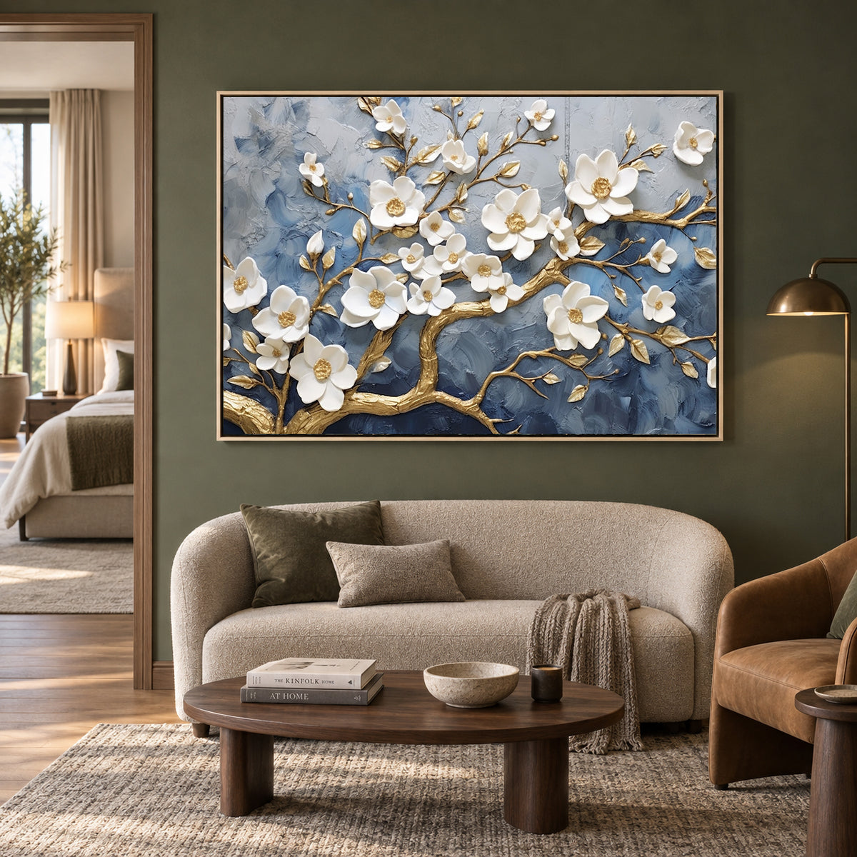 Luxury White Blossom Tree Canvas Wall Art with Gold Accents Decor