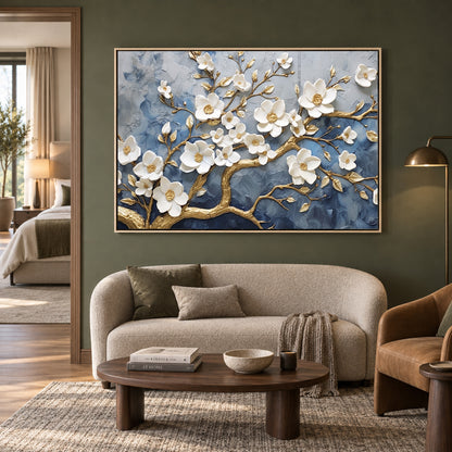 Luxury White Blossom Tree Canvas Wall Art with Gold Accents Decor