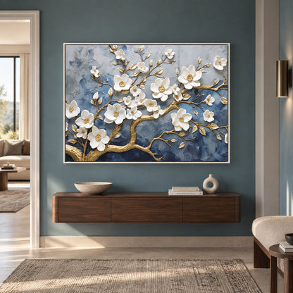 Luxury White Blossom Tree Canvas Wall Art with Gold Accents Decor