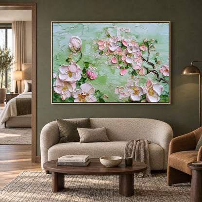 Blush Magnolia Bloom Canvas Wall Art on Sage Green Background