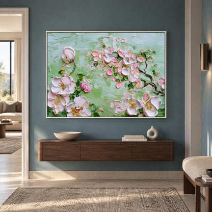 Blush Magnolia Bloom Canvas Wall Art on Sage Green Background