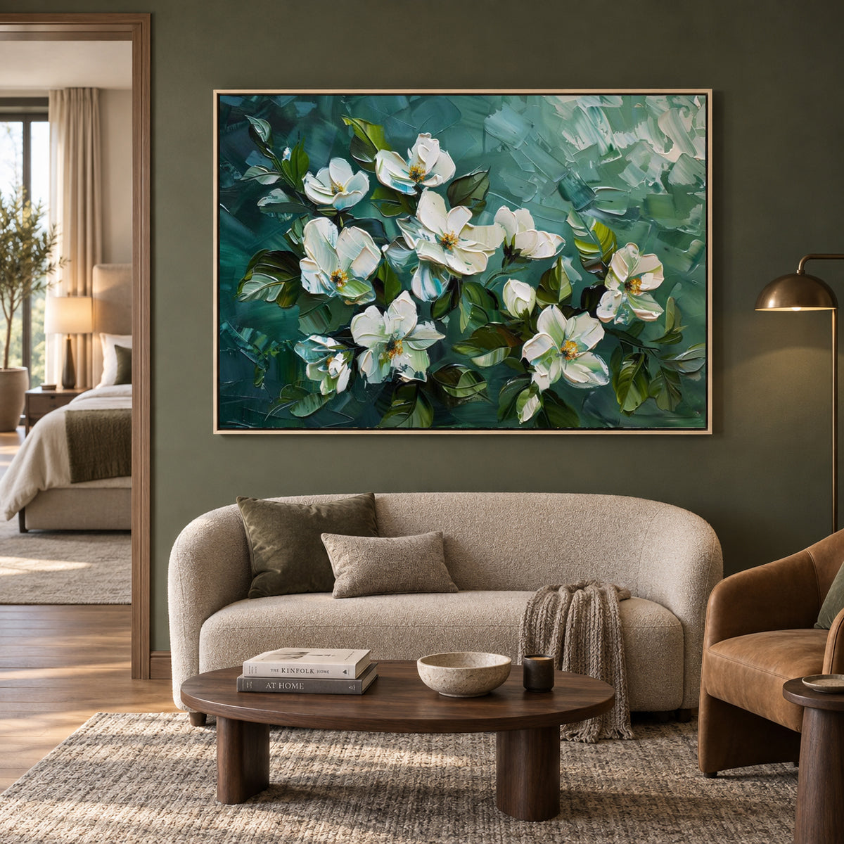 Elegant White Magnolia Floral Canvas Wall Art in Emerald Green Tones
