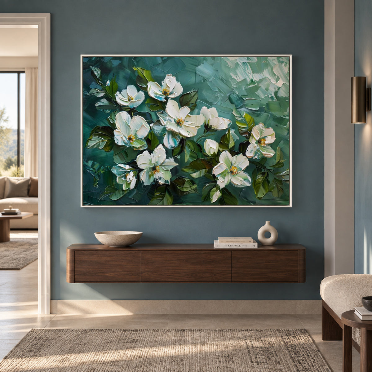 Elegant White Magnolia Floral Canvas Wall Art in Emerald Green Tones